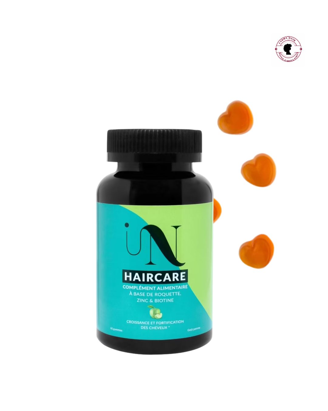 Bouteille de Gummies In HairCare pour croissance et fortification des cheveux avec gummies en forme de cœur.