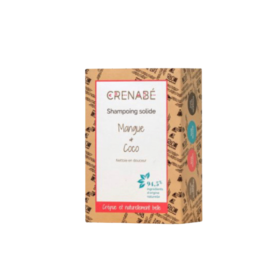 Shampoing solide Crenabé mangue et coco, nettoyant doux avec 94,5% ingrédients naturels pour cheveux nourris et hydratés