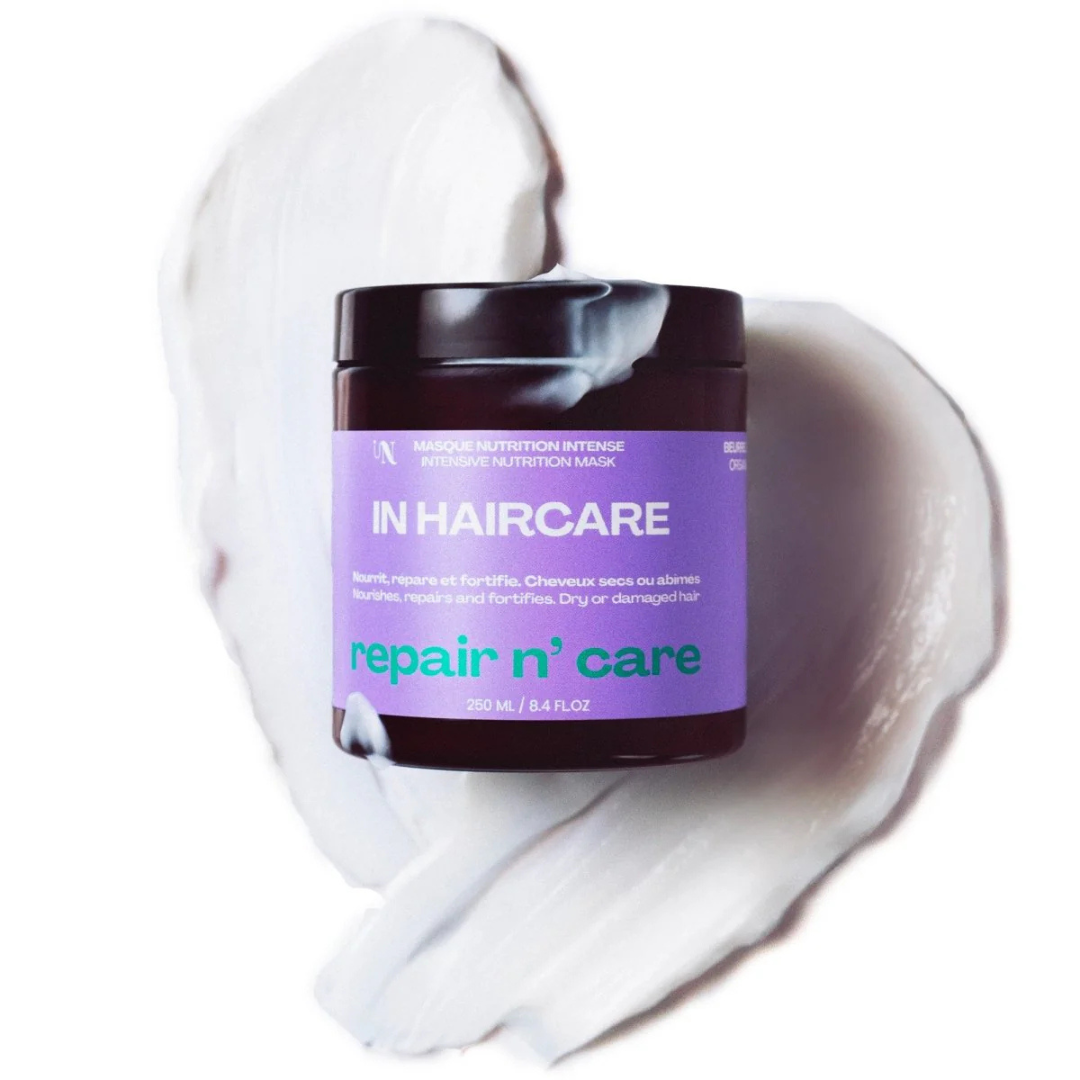 Masque nourrissant Repair n’care In Haircare pot on white cream background for deep hair repair and nourishment